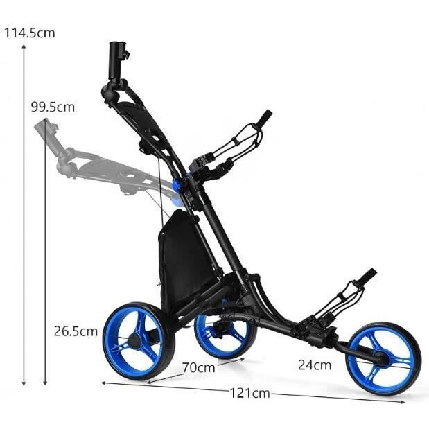 Carro de golf plegable de aluminio de 3 ruedas GYMAX con manillar ajustable, rueda trasera con freno y soporte para paraguas, color azul.