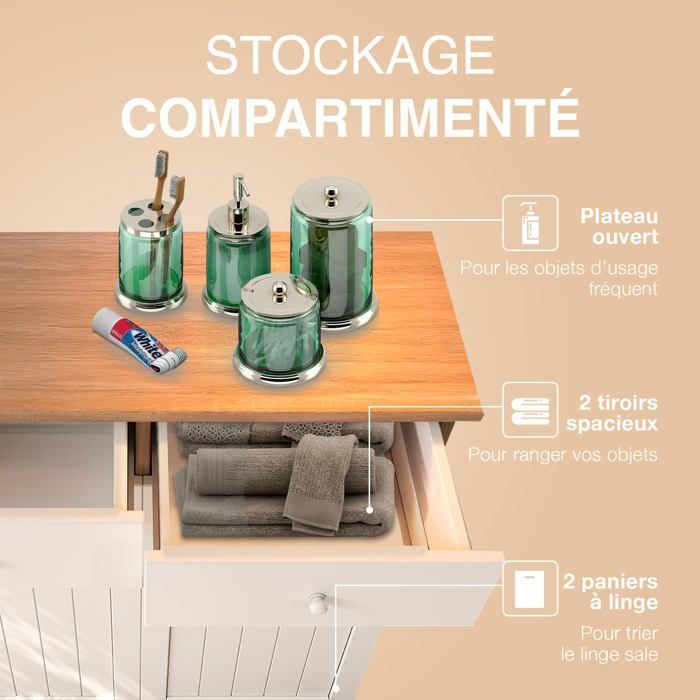 Armario de lavandería CATAVANA de 45 litros, armario de lavandería de madera de 2 compartimentos con cestas extraíbles.
