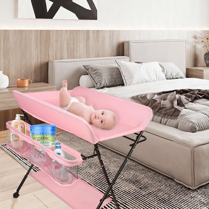 TABLE - Table à langer rose avec panier de rangement et porte-vêtements - Hauteur réglable - 80*66*98 cm - HUOLE
