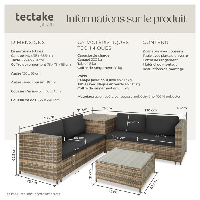 Garden furniture - TECTAKE - SIENNA 4-seater outdoor lounge set with 1 table and 1 storage chest - Natural/Dark Grey