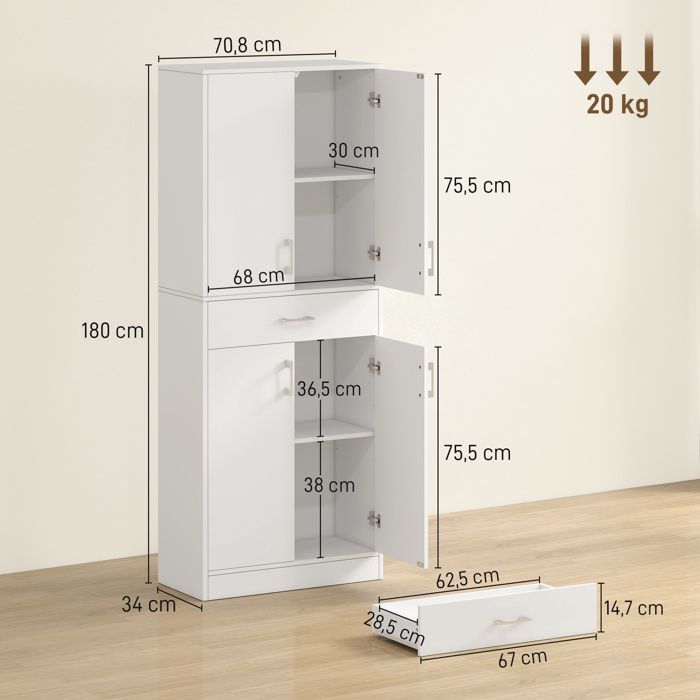Aparador de cocina - HOMCOM - aparador alto con 2 estantes ajustables, 4 puertas y 1 cajón - madera - altura 180 cm - blanco