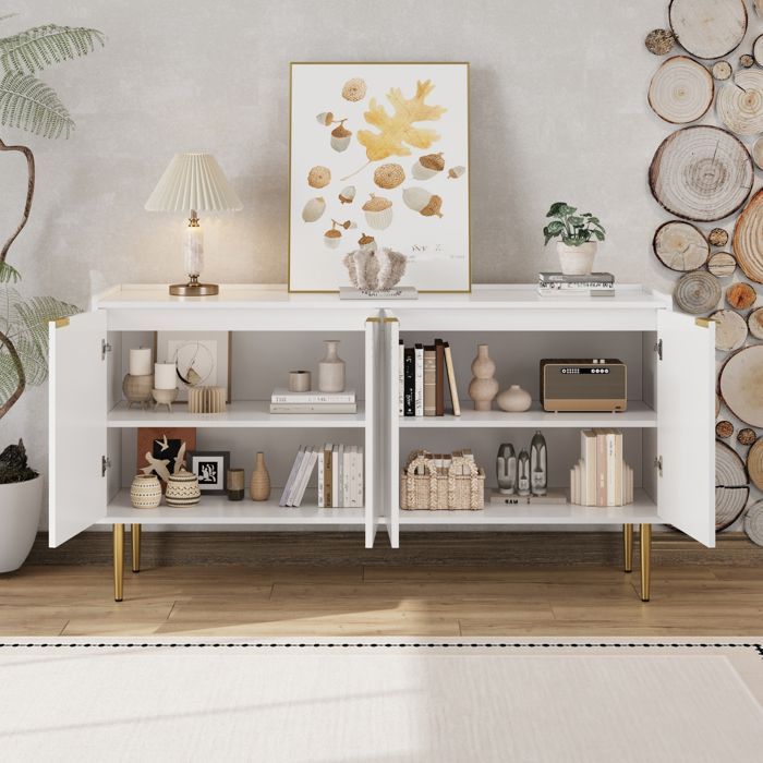 Buffet Moderne Blanc 140 cm, Meuble Salle à Manger avec Espace de Rangement et 4 Portes, Étagères Réglables, Pieds en Métal Doré