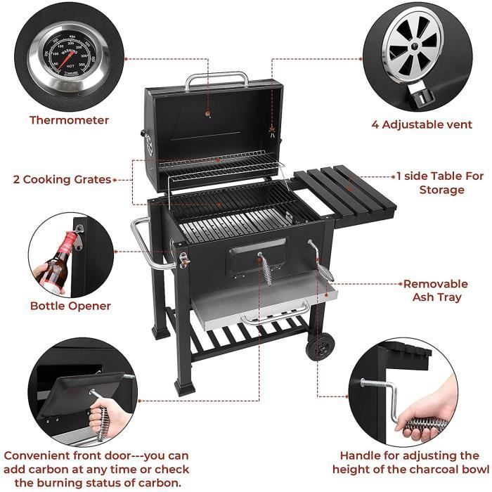Femor Barbecue à Charbon, Fumoir Américain avec Tablette Latérale et Inférieure