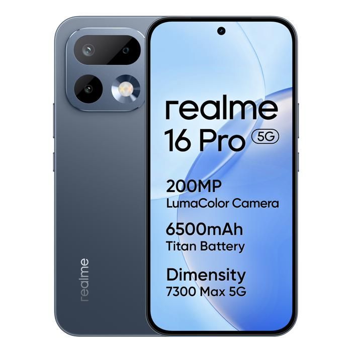 Smartphone realme 16 Pro 5G 8+256 GB, fotocamera AI da 200 MP, batteria da 7000 mAh, colore grigio ciottolo.