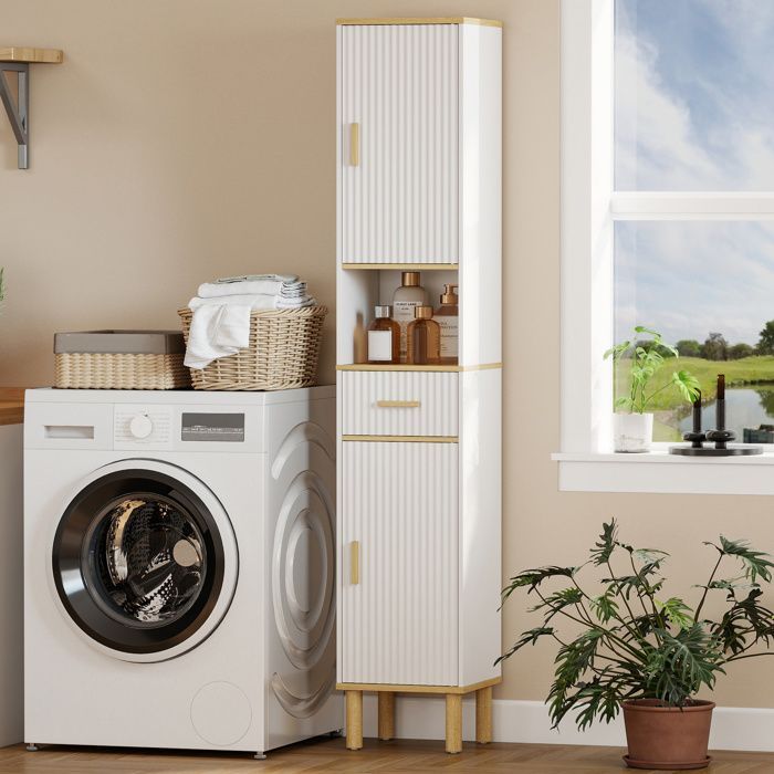 Mueble columna para baño - HOMCOM - 2 puertas, cajón, compartimento abierto y estante ajustable - madera - 31,5 x 29,7 x 171,5 cm - blanco