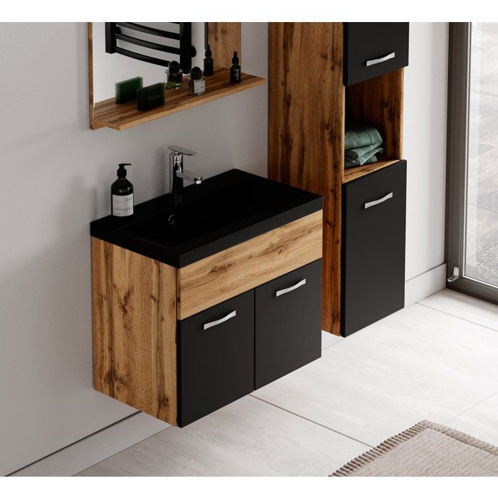 Ensemble de meubles de salle de bain Montreal 60 cm - Noir mat - Chene - Armoire de rangement