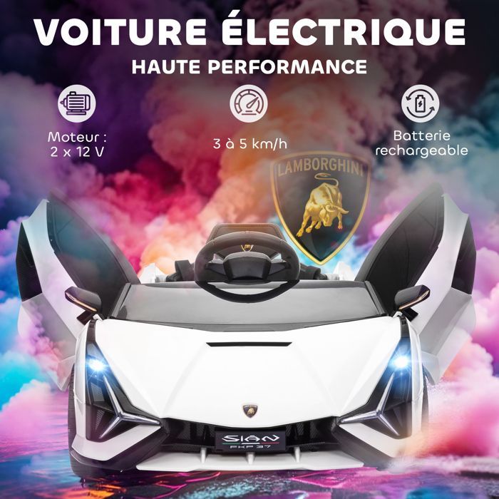 Auto elettrica per bambini - HOMCOM - Lamborghini Sian 12V con telecomando 2.4G, effetti sonori e LED - ABS - Bianca