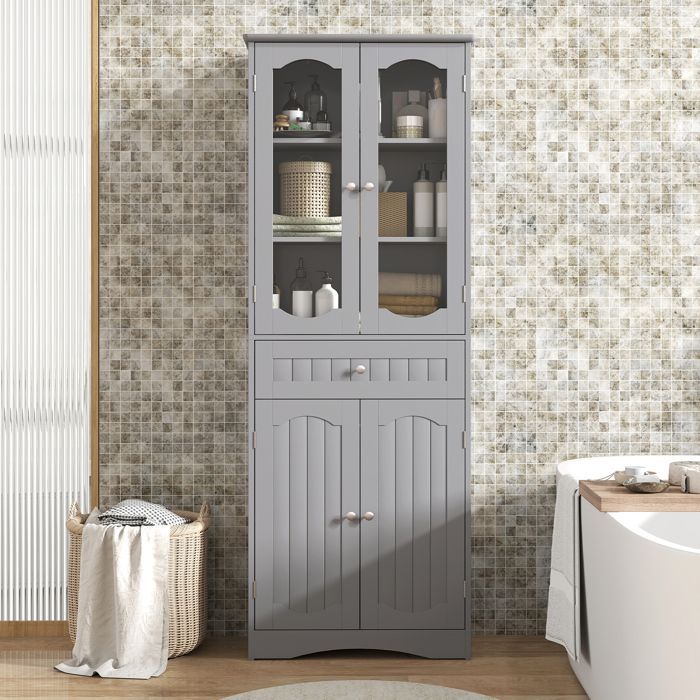 Mueble columna de baño COSTWAY, alto, con 4 puertas, 1 cajón y 2 estantes ajustables, para baño y cocina, 60x30x160 cm, gris.