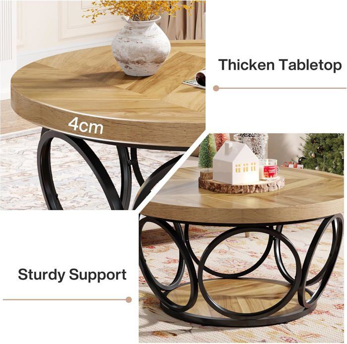 Tribesigns Table Basse Ronde, 80 x 80 x 43 cm Table de Salon, Table de canapé, Table Basse à 2 étages, Grain de Bois