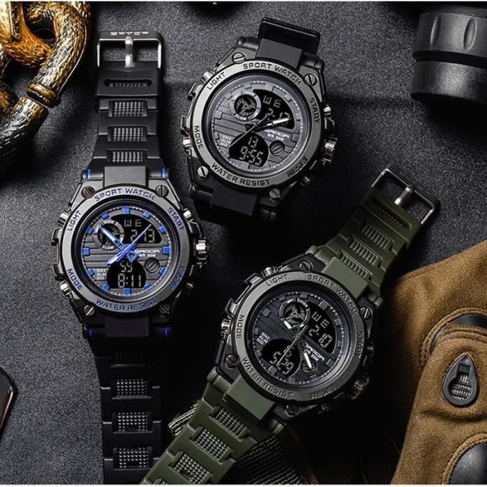 SHARPHY Montre Homme Sport LED Numérique Militaire Double Affichage Lumineux Montre-bracelet Étanche pour Homme Armée Verte