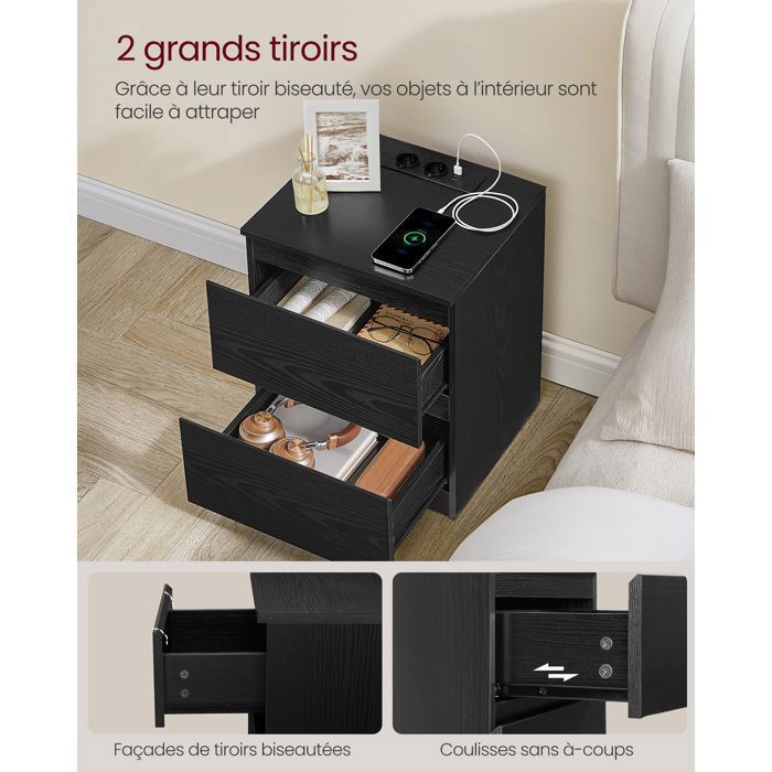 VASAGLE Set of 2 Bedside Tables with Power Strips, Side Tables, 2 Drawers, 2 AC Outlets, 2 USB-A Ports, Modern, Black Wood Finish