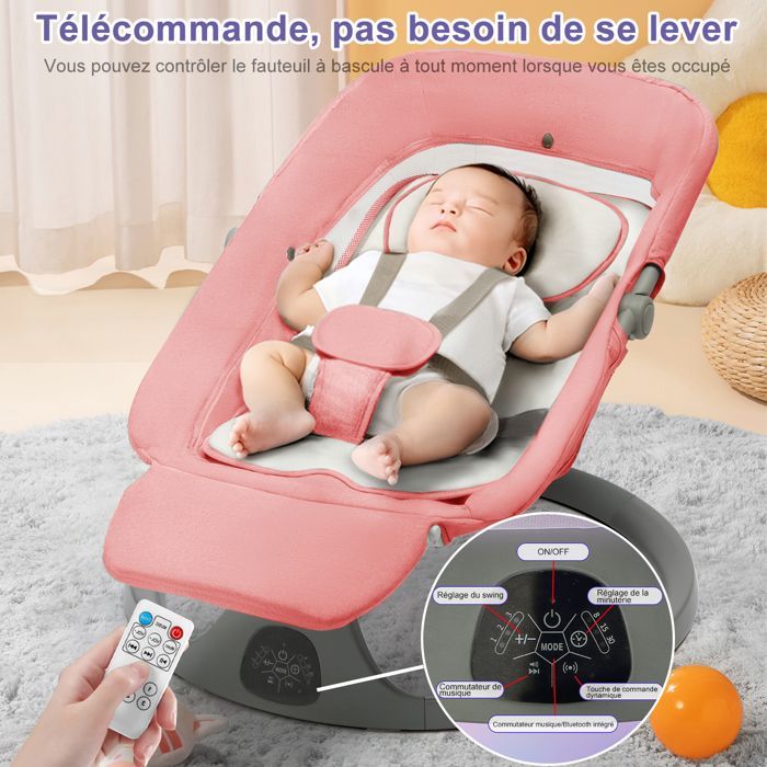 Columpio/hamaca eléctrica 3 en 1 para bebé con control remoto, pedal, mesa de alimentación, 5 modos de balanceo y música Bluetooth - Rosa