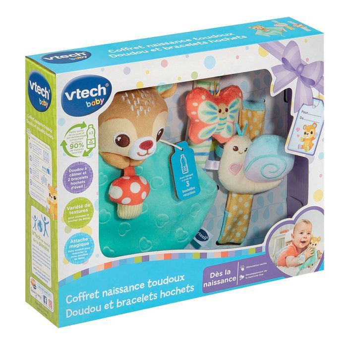 VTECH BABY - TOUDOUX CADEAUSET VOOR PASGEBORENEN - KNUFFEL EN RAMMELARMBANDEN (GERECHTE PLASTIC FLESSEN) - Meerkleurig