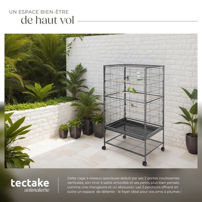 Cage à oiseaux - TECTAKE - Volière à roulettes PAPAGENO 78 x 52 x 131 cm en acier avec 1 mangeoire et 3 perchoirs