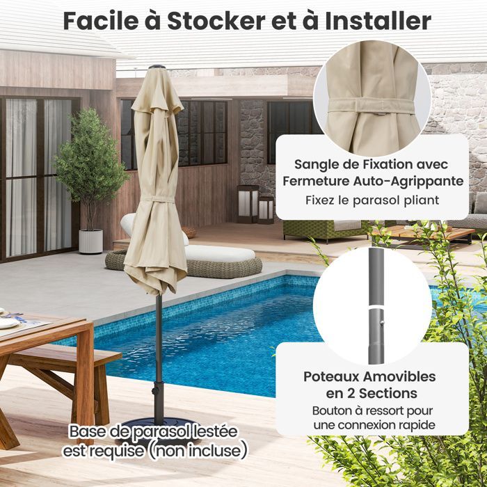 Parasol de Jardin 230cm - COSTWAY -Angle Réglable 35°- Inclinaison par Bouton-Poussoir -Manivelle-Toile Ventilée pour Terrasse Beige