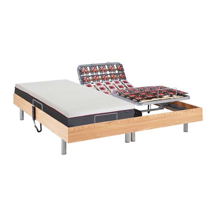 Cama eléctrica de relajación con base de láminas y colchón de espuma viscoelástica - 2 x 80 x 200 cm - Roble - ATRIDE by YSMÉE