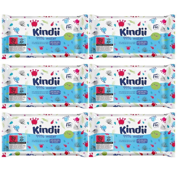 Kindii Baby- und Kinder-Feuchttücher, 99 % Wasser, Aloe Vera, 6 Stück