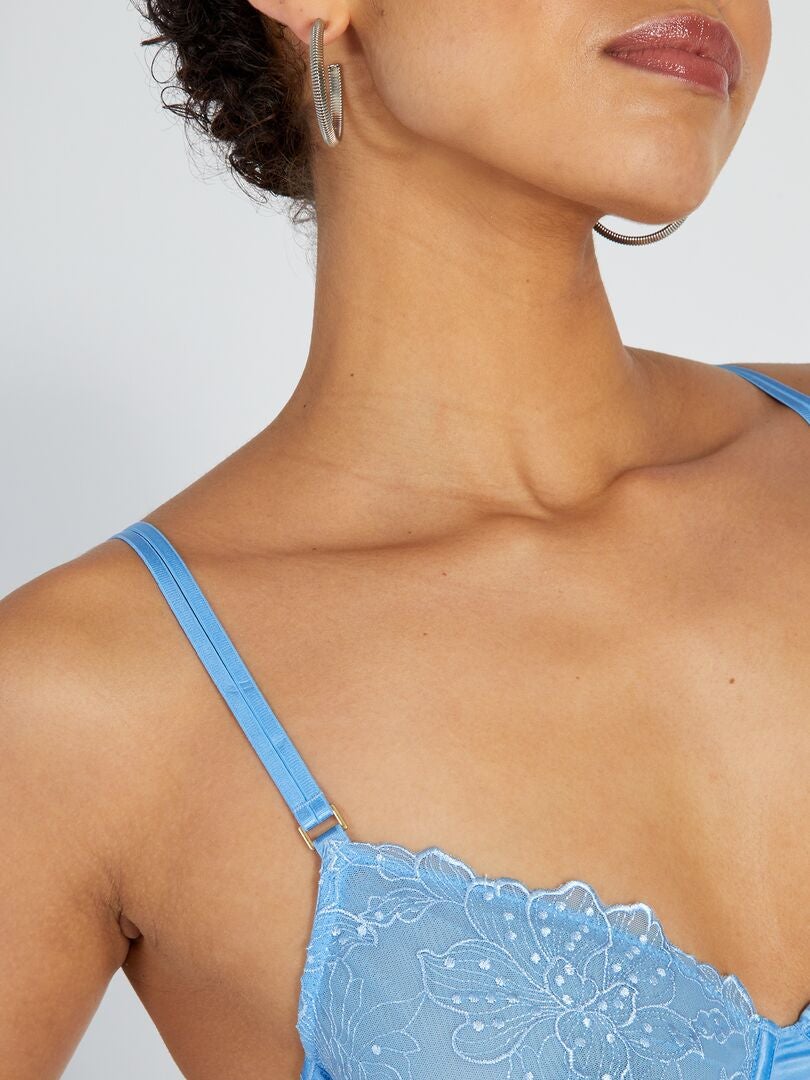 Sutiã balconette em tule e microfibra de cetim - AZUL
