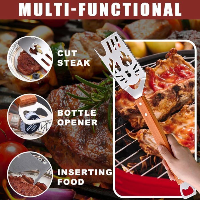 Juego de accesorios para barbacoa de 4 piezas: pinzas, cuchillo, tenedor, sierra, mango de madera, regalo del Día del Padre para papá