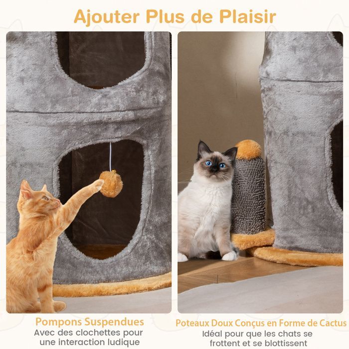Arbre à Chat Mignon à 2 Étages COSTWAY, 2 Condos, 2 Boules en Peluche Suspendues, Perchoir Supérieur, Cachette en Forme de Tonneau