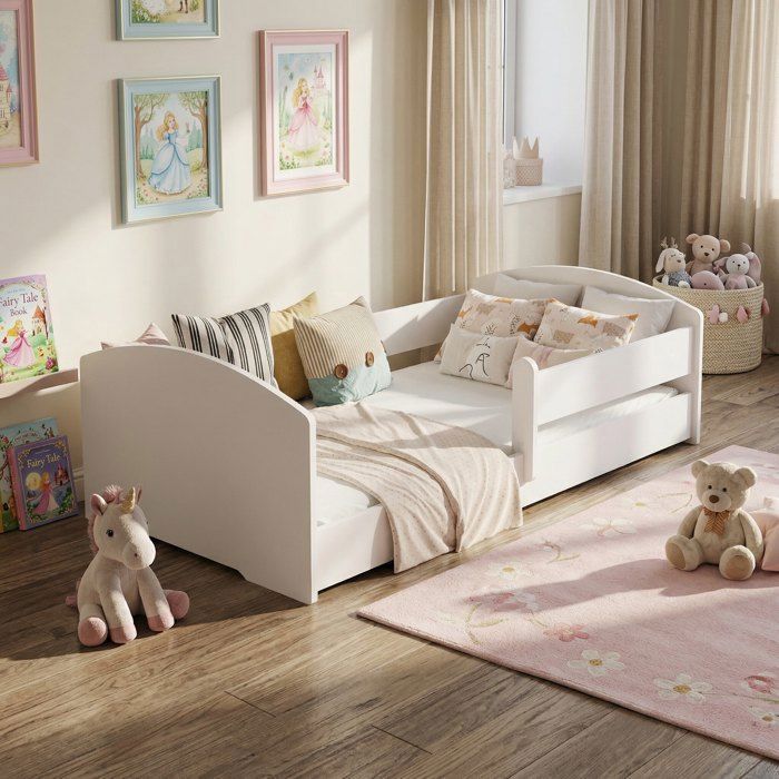Cama infantil Montessori LEO de 160x80 cm con barandilla y colchón – Cama baja para niños, color blanco.