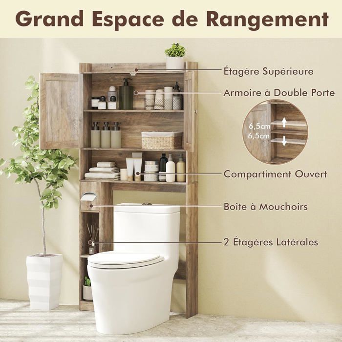 Armario para inodoro COSTWAY con 2 puertas, estante ajustable y portarrollos de papel higiénico para baño, color gris.