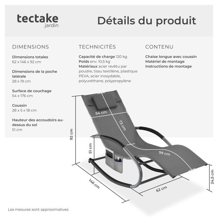 Chaise longue - TECTAKE - Fauteuil détente de jardin TAYA ergonomique avec fonction de balancement et accoudoirs incurvés - Gris