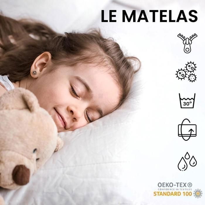 Cama infantil completa de 80x160 cm con colchón, somier de láminas, cajón de almacenamiento, barandilla de seguridad y cama infantil convertible. Color blanco.
