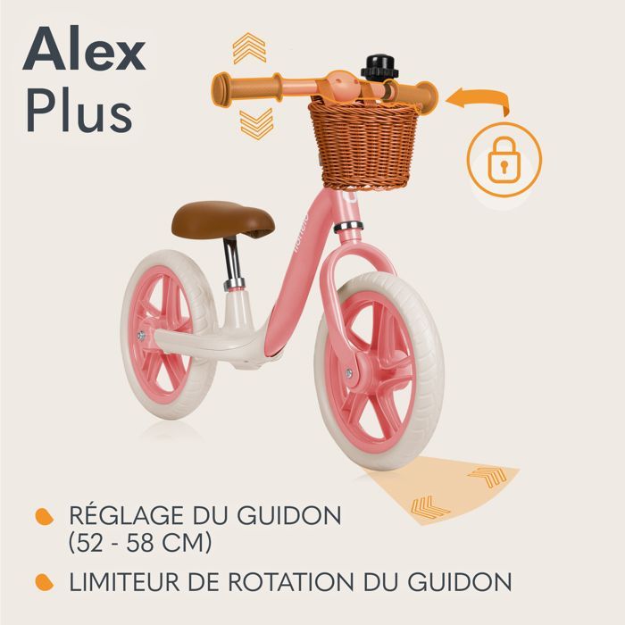 Draisienne - LIONELO Alex Plus - Selle confortable - Cadre léger et résistant - Panier et Sonnette inclus - Jusqu’à 30 kg - Rose