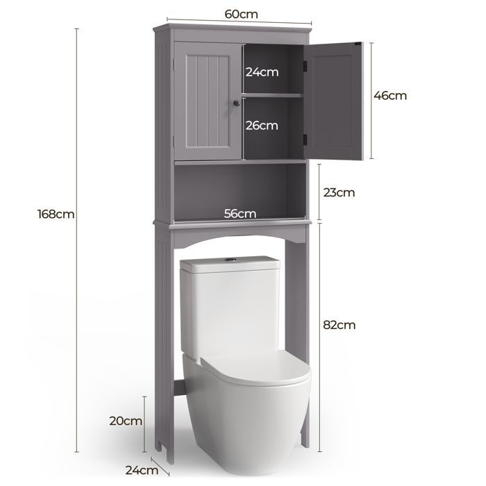Unitate de depozitare Bealife deasupra toaletei - 2 uși - 1 raft deschis - 2 rafturi reglabile - 60 x 24 x 168 cm