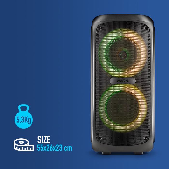 NGS WILD TEMPER: 200W portable BT/TWS, USB/AUX, LED, 5h autonomie, 2 entrées micro.