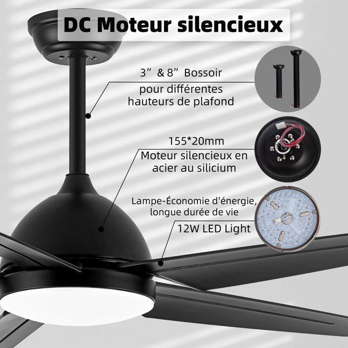 52-Inch Reversible Ceiling Fan with Light, DC Motor, and Remote Control, Black, 5 Blades, for Living Room or Bedroom
