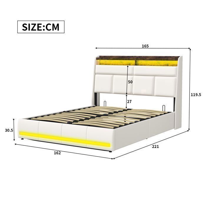 Lit 160x200 cm - LED - tissu en PU - cadre de lit adulte - lit adulte 160x200 cm - 160x200 cm - Blanc