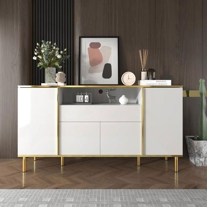 Lemonbest Buffet Salon 150cm Blanc Haute Brillance avec Lumière LED Compartiment Ouvert 4 Portes et 1 Tiroirs Commode 150x40x80cm