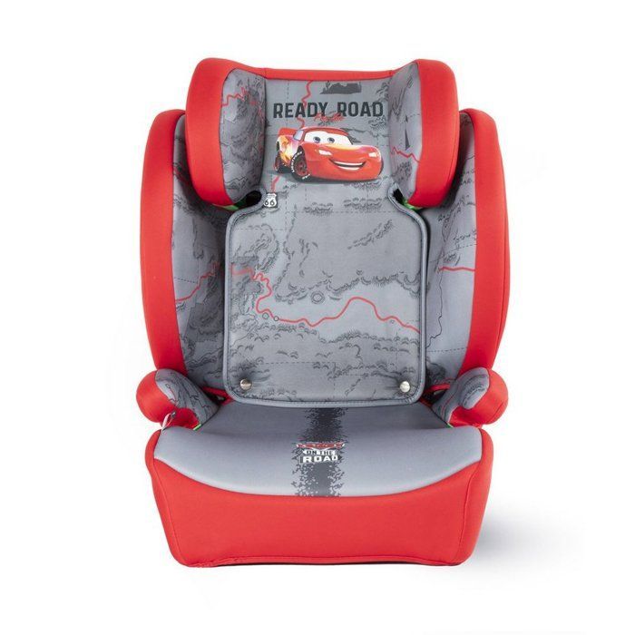Tataway Disney Cars autostoel voor kinderen van 100-150 cm, met Lightning McQueen-afbeelding en een rood/grijze achtergrond.