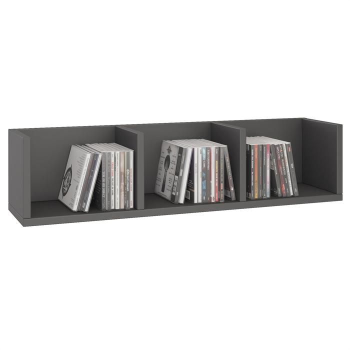 Estantería de pared NELLO, unidad de almacenamiento para CDs y DVDs u objetos decorativos con 3 compartimentos abiertos, en melamina gris mate.