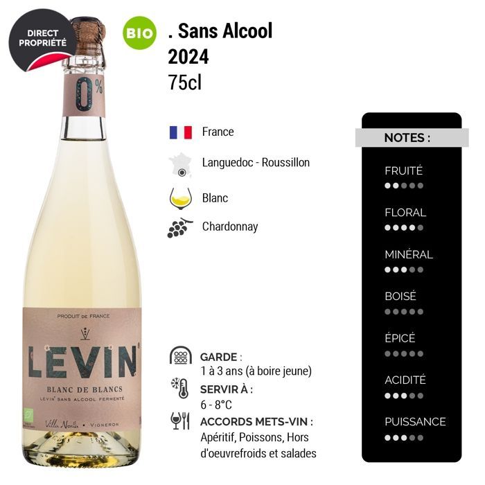 Villa Noria LEVIN Alkoholfreier Blanc de Blancs 2024 – Alkoholfreier Weißwein aus dem Languedoc-Roussillon (3 x 75 cl) Bio-Alkoholfrei