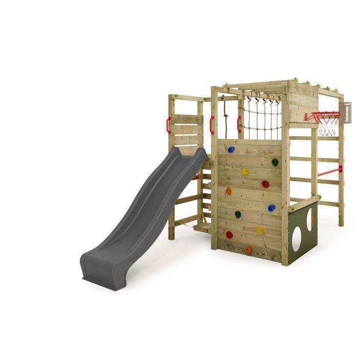 FATMOOSE ActionArena Air XXL speelruimte van antracietkleurig hout met glijbaan en klimwand, basketbalring – 10 jaar garantie*