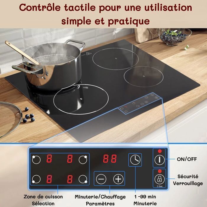 Plaque Vitrocéramique 4 feux , Plaque de cuisson Electrique 60cm, 6000W, 9 Niveaux, Minuterie 1-99 min,Pour toutes les Casseroles