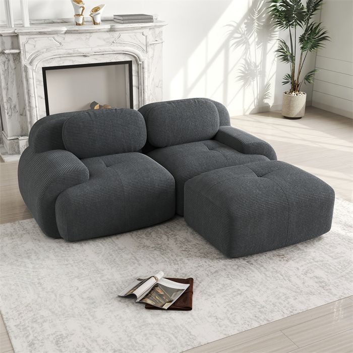 DRIPEX 2-Sitzer-Ecksofa aus weichem Cord-Samt, modulares Sofa mit geschwungenen Armlehnen, 208 cm breit, für Wohnzimmer, Grau