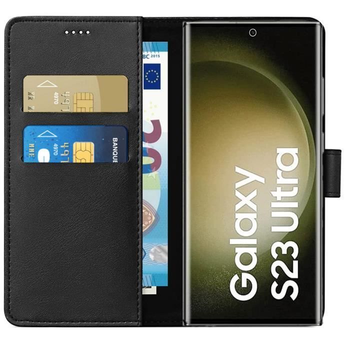 Capa para Samsung Galaxy S23 ULTRA - Capa tipo carteira preta com fecho magnético e compartimentos para cartões da Phonillico®