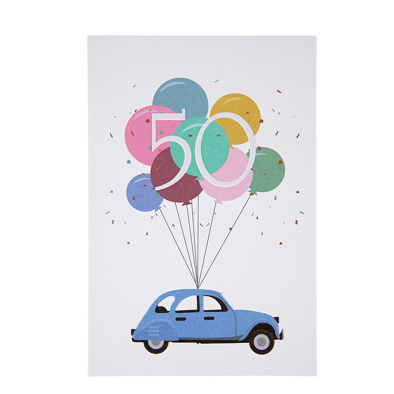Kort 50 år, bil og ballonger