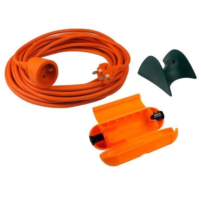 Cable alargador para jardín 2x1,5 mm² 25 m + 1 caja impermeable + soporte de pared - Naranja - Zenitech