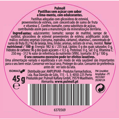 Pulmoll Bonbons bez cukru limetka-máta vitamín C zklidňující pastilky do krku limetka-máta 45g 45g
