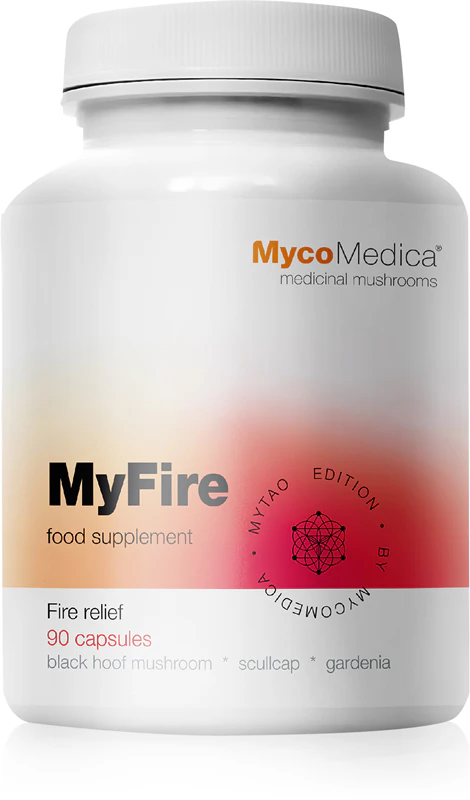 Cápsulas de suplemento alimentar MycoMedica MyFire para uma sensação de conforto.