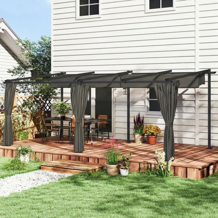 Gazebo retrátil para jardim - Outsunny - teto deslizante - cortinas laterais - metal - 3x6m - cinza escuro