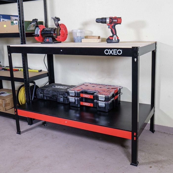 Banco de trabajo para taller - Mesa de trabajo - 120x60x90cm - Estructura de acero - Montaje sin tornillos - Taller de bricolaje