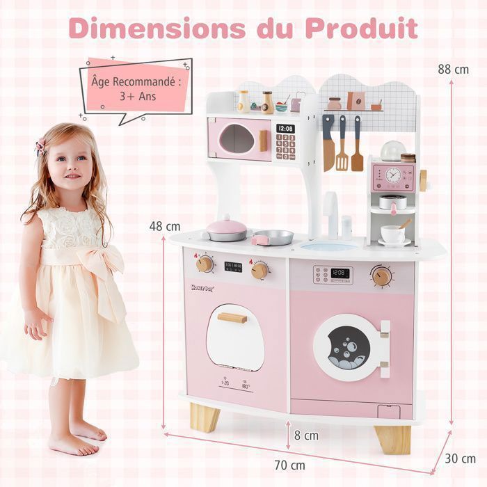 Cocina infantil COSTWAY para mayores de 3 años, 12 accesorios, Zona: Cafetera, Microondas, Horno, Lavadora, Rosa