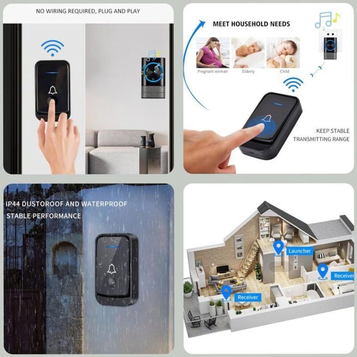Timbre inalámbrico para exteriores IP44, alcance de 200 m, 52 melodías, indicador LED azul.