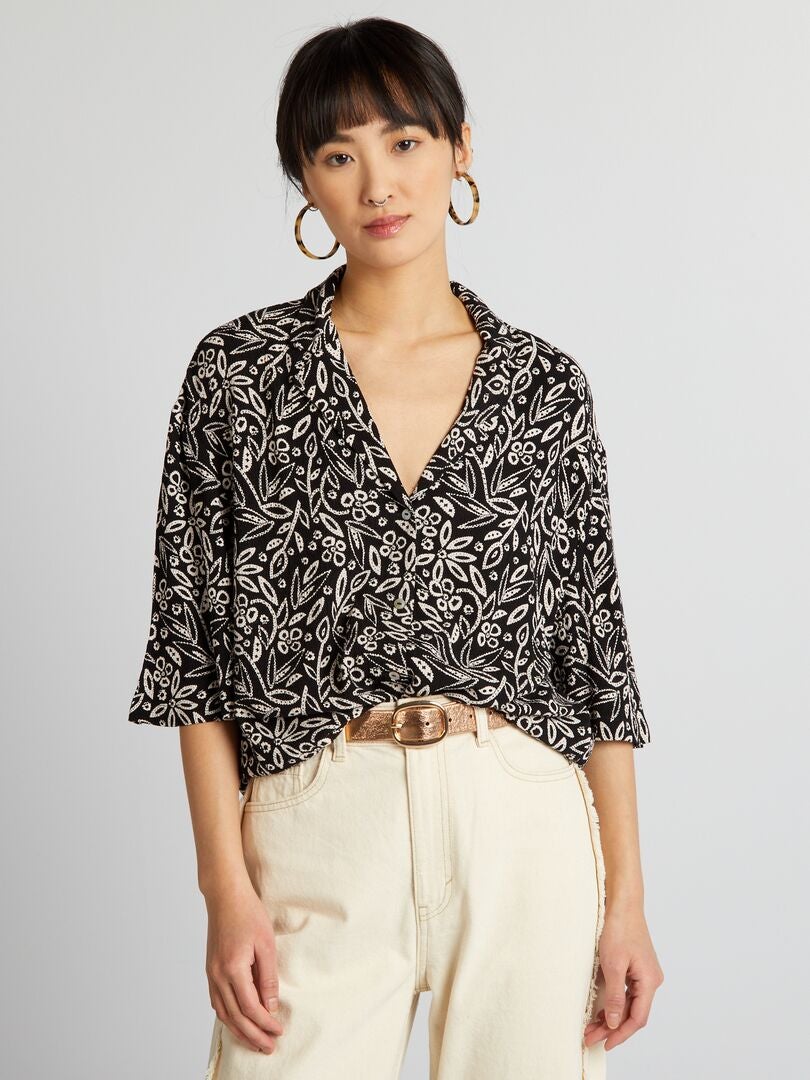 Crêpe blouse met pyjamakraag - ZWART